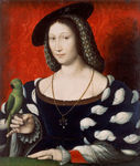 Drawing of Marguerite de Navarre, half-length, turned slightly to the left, wearing a hood and fur-lined robe; in her arms is a dog; the upper right corner identifies her as the late queen of Navarre.