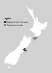 Map of New Zealand showing the disaster-stricken and observing communities in the quantitative analysis within the country. The region of Canterbury is the affected community, and the Wellington region is the observing community.