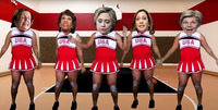 The faces of female politicians are superimposed onto cheerleaders’ bodies. The five cheerleaders appear on a basketball court and are wearing short red and white dresses with “USA” emblazoned across the front.