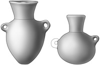 Rendered illustrations of two of the ten pottery vessels found by Kroeber in Cerro Azul’s Burial K4. There are dotted outlines indicating missing pieces.