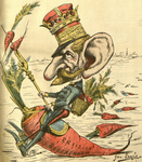 Color caricature of a man in combined kepi and crown, riding a giant carrot. Caption reads, Ernest 1er préparant le terrain électoral.