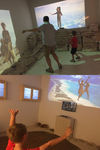 A composite image of two color photographs showing a man and a boy interacting with a digital avatar of a Kiribati warrior (above) and dancers (below).