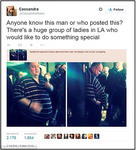 Tweet from Fairbanks shows screencap of original 4chan post from Figure 41 with text that reads “Anyone know this man or who posted this? There’s a huge group of ladies in LA who would like to do something special.”