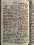 A photograph of a page from The Scofield Study Bible. The text for Revelation chapter 2 is printed in two columns. These are separated by a smaller middle column where scriptural references are listed. The top of this middle column contains the proposed date for the Book of Revelation’s composition: 96 A.D. At the bottom of the page, footnotes contain lengthy annotations written by Scofield.