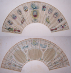 Two sides of a paper fan, one with images of actors and Shakespeare, the other with images of the old and new Drury Lane Theatres and text detailing Drury Lane’s history.