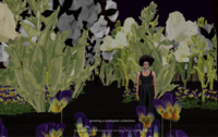 Screenshot: Running from left to right is WebXR view of an illustrated forest of enlarged green okra plants, cotton, and purple poppies. Right of center is a Black woman with a short Afro hairstyle. She is wearing a black tank top and black bottoms. There is white subtitle text in the center bottom that reads "A growing a protopian collective." There is a black background.