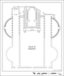 Layout of the forum of Augustus, showing the irregular shape of the back wall of the complex and the additional pair of semicircular exedrae hypothesized on the basis of recent excavations.