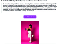 An image of a tap dancer holding their shoes and sticking their tongue out to the camera. Above this image is an interview responding to the question: “How has the Covid-19 Pandemic affected you as a performing artist and business owner?”