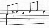 Image of a short melodic phrase on a five-line staff with koron symbols for some notes tuned approximately a half flat.