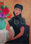 Self-portrait of Pan Yuliang, seated in a black embroidered qipao, elbow resting on a table with a vase of chrysanthemums.