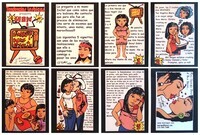 A photograph of the comic illustration “How I learned I Was a Lesbian” by Debora Kuetzpal. It has eight panels. The titular panel includes a vintage console TV with antenna. Between the antenna it reads “How I” and inside the TV screen it reads “Learned I Was a Lesbian” in red font with Debora Kuetzpal’s signature, dated 2015. Collectively, the panels written in Spanish narrate the coming out story of Citlali. She tries to make sense as to why she has feelings for Kim Novak as well as other female celebrities like Angelica Maria and her friend Rosa Maria. After going out with a man, she comes to terms with her lesbian desire. The last panel is a close-­up of her face with another brown woman amorously kissing.