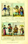 Four illustrations of national and regional types: elegant Londoners dressed in minimalist metropolitan clothes; English peasants wearing baggy shirts and red cloaks; Scottish highlanders wearing traditional plaid; and a Dutch couple wearing floral clothes, short baggy breeches, and large straw hats.