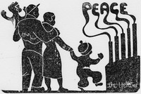 Woodcut print featuring a family looking ahead at a set of cooling towers emitting the word “Peace.” There are two parents and two children. One child is being held by one of the parents and the other child is standing beside them, holding the other parent’s hand. Within the base of the towers, a signature reads “The Yellins.”