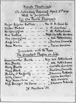 A handwritten program for private theatricals. Cast names and character names are listed vertically.