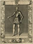 Engraving of the duc de Guise, full-length, in armor and tall boots, with a sword; surrounding the portrait are scenes and emblems representing his accomplishments.