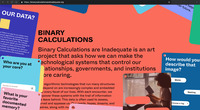 Screenshot: website with salmon pink background titled "Binary Calculations" with pop-ups in purple, blue, or pink on the sides.  On the right lower corner is an image of a brown-skinned woman with an Afro sitting by a window and reading a book.