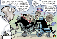 In a political cartoon, a doctor is shown yelling at three leaders in suits, who are moving by in wheelchairs with pills and pill bottles in the air around them. The doctor says, “You cure your diseases abroad instead of building good hospitals! You don’t care about your people,” to which the leaders reply, “On the contrary . . . if our diseases are contagious . . . it’s better for the people if we are far.”