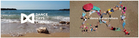 Compilation of two images. On the left is a beach with a swelling wave. The words “Dance Days Chania” are positioned over the image next to a logo showing a horizontally oriented hourglass shape. The right image shows an aerial view of a beach with people lying on towels and lounging in the shape of the same hourglass symbol. Over the image, the text reads “Dance is everywhere.”