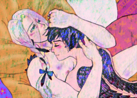 Fan Art depicting characters from the anime Yuri on Ice in a pirate setting. Victor has long white hair, is cuddling Yuri, who has short brown hair.