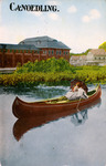 A photographic postcard of a couple "canoedling" on the Charles River.