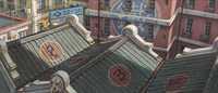 A cartoon scene of warehouse roofs and neighboring buildings, with calligraphy and symbols on them.