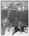 Soul and Body, Walk of the Soul, Scivias, book 1, vision 4: The "great and severe splendor, flaming with many eyes," appearing like a kite, is the "Supernal Creator" ensouling a "perfect human form" in the womb of a reclining woman, who is about to give birth. The small scenes on the right show the trials of the soul.