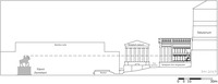 Elevation drawing of the Equus Domitiani facing toward the temple of the Divine Vespasian, viewed from the side against the temple of Castor and Pollux on the left and the Basilica Iulia on the right.