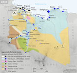 Figure 1. This is a political map depicting the conflict for territorial control which accompanied the political negotiations to establish a unified Libyan government in the period after the revolution to overthrown Qaddhafi. It depicts the military state of play and control in 2020 when there was a relative stalemate between the UN-backed Government of National Accord and the Eastern-backed Libyan National Army of General Haftar and the House of Representatives.