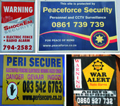 Security logos for Shock Em Security, Peaceforce Security, Peri Secure, and War Alert.