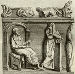 Line drawing of the Socrates relief from the Sarcophagus of the Muses, as illustrated by Maffei, Raccolta di statue (1704).