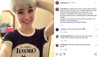 A young woman with short blonde hair takes an Instagram selfie in a navy ringer T-­shirt with an image from My Neighbor Totoro printed on it. The post caption is about being sick but showing off a previous image of looking cute to feel better.
