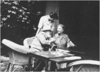 Jo Davidson, Florence Davidson (top), and Helen Keller at the Davidson home in Becheron, France, 1951.
