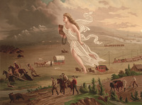 The print shows an allegorical female figure of America leading pioneers westward, as they travel on foot, in a stagecoach, Conestoga wagon, and by railroads, where they encounter Indigenous people and bison. The female figure is dressed in a skimpy white classical garment that seems ready to blow away from her body and leave her naked.
