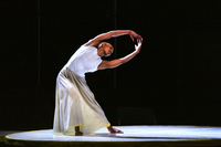 Jenkins performs on the satellite stage in a circle of bright light. Her partial shadow is on the satellite. She is barefoot and leans on her right leg, dragging the left leg and arching her torso to the left as her arms form an oval that frames her head. The side bend is extreme, with her torso and arms nearly horizontal to the ground.