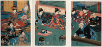 Colorful illustration in three panels, depicting a bearded, blind musician playing the koto (a Japanese stringed musical instrument) to entertain nine women, one man, and a dog. The women’s kimonos feature fine embroidery and other embellishments. The dog (also in finery) rests upon a pillow at the center of the image.
