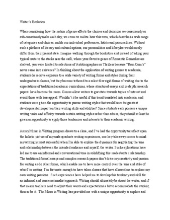 Writer's evolution essay from the Capstone Eportfolio of writing minor Joy.