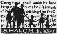 Woodcut print featuring a family with two parents, three children, and a dog. Their silhouettes are standing in front of the first few lines of the United States Constitution’s First Amendment. Below the family, lettering says “Shalom” and “The Yellins.”