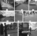 A collage of black-­and-­white photos labeled 1 through 8. Photo 1: A set of steep stairs leading to a pedestrian bridge. Photo 2: A long covered ramp leading to a pedestrian bridge crossing over a street. Photo 3: A sidewalk next to a highway bordered by a fence. There is a ledge at the edge of the sidewalk with no curb cut or ramp. Photo 4: A sidewalk next to a highway. There is a break in the sidewalk where a street intersects it. There is a ledge with no curb cut or ramp. Photo 5: Four stone stairs in the middle of a pedestrian sidewalk. Photo 6: A rough concrete ramp leading to a busy sidewalk. The ramp is lumpy and crude. Photo 7: A small bus, or matatu, driving down the street. The bus does not appear to have any accessible features. Behind the bus, a man, whom the author identifies as disabled, rides a three-­wheeled bike. Photo 8: A metal platform elevator on the tarmac of an airport. An airport employee stands next to it, and an airplane can be seen in the background.