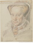 Drawing in red and black chalk of Marie Tudor, queen of England, bust-length, wearing an elaborate necklace of jewels and a bonnet/hood; the top left corner indicates her name, title, dates of birth, marriage, and death.