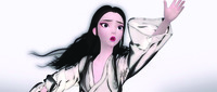 A medium close-up view of an animation character in ink painting animation style. She has long black hair and is wearing a traditional Chinese robe. She is facing the audience with her left hand stretched out into midair.
