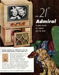 Color advertisement for a television set. A dog, sitting by a chair covered with a man’s robe and holding a shoe in its mouth, gazes toward a television set, which shows the black-­and-­white image of two smiling children wearing birthday hats.
