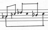 Image of a short melodic phrase on a five-line staff with koron symbols for some notes tuned approximately a half flat.