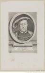 Engraving of Henry VIII, King of England, bust-length, facing front, wearing a feathered cap, clothes lined with fur, and an ornate collar; in an oval border; below is a pedestal stating his name, title, and dates of birth and death.