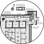 A map-­like graphic shows the floor layout for a “prison yard” mocked up in the basement of Stanford University’s Jordan Hall. Three small cells open onto a short corridor. A dotted line marks the ingress route from outside.