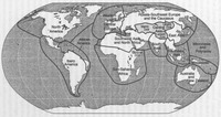 Black-and-white map of the world divided into geographical regions.