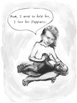 Black, white, and gray illustration. A shirtless child sits cross-legged. She is smiling. Her medium length hair is brushed over her left side. A baby lays in her lap, her feet on one knee and her head on the other. One of the child’s hands support the baby’s head, and the other hands hold the baby’s outstretched arms. In a bubble above her head, the child says, “Mum, I need to hold her, I love her floppiness.”