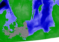 Screen shot of wind-generated spread simulation generated by the GRASS 6 anisotropic wildfire spreading module. The spread is shown as grey-patterned area beginning at the southeastern coast of the Jutland peninsula and extending progressively eastward.