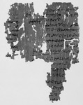 Three lists of names and an account; Arsinoite, Polemon Division, ca.156 CE. Black and white image of the front of a piece of papyrus with writing on it.