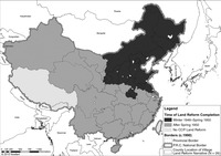 Map 1. Map of China showing the progression of the Land Reform movement across the country from 1946 to 1953, and locations of previous case studies