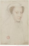 Drawing in red and black chalk of Marie Stuart, bust-length, turned slightly to the right, wearing a white head covering and mourning dress, after the deaths of her husband François II and her mother Marie de Guise.